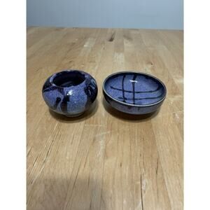 Miniature Whitefish Pottery Vase Ceramic Blue Toothpick Holder & Bowl 2009
